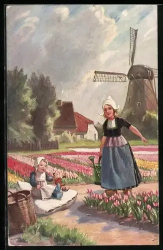 AK Niederländerin und Mädchen mit Puppe vor Windmühle