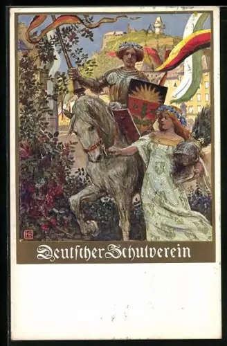 Künstler-AK Karl Friedrich Gsur, Deutscher Schulverein NR.106: Ritter auf Pferd mit Jungfrau