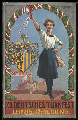 Künstler-AK A. Liebing: Leipzig, XII. Deutsches Turnfest 1913, Herzlich Willkommen, Turnerin und Wappen