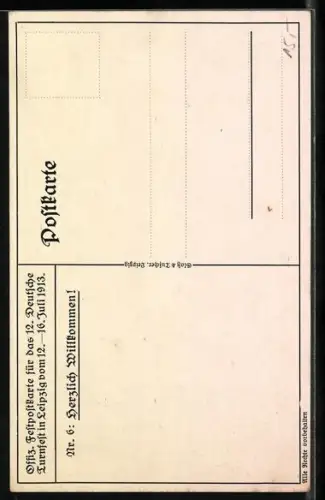 Künstler-AK A. Liebing: Leipzig, XII. Deutsches Turnfest 1913, Herzlich Willkommen, Turnerin und Wappen