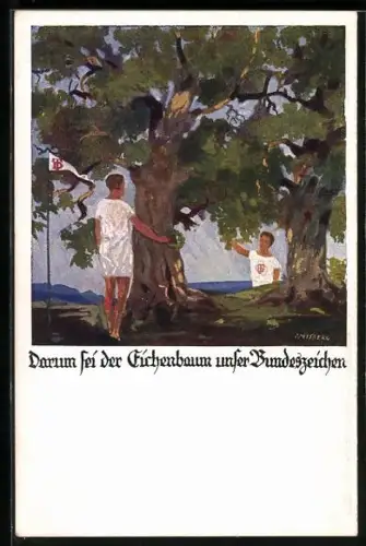 Künstler-AK zwei Turner an einer Eiche