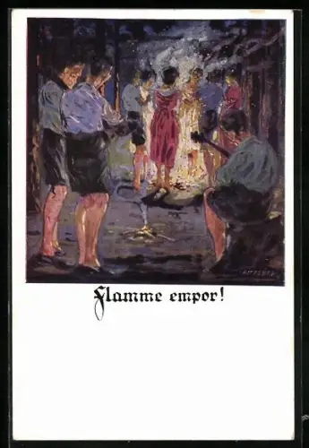 Künstler-AK Otto Amtsberg: Junge Menschen beim Singen & Tanzen am Lagerfeuer