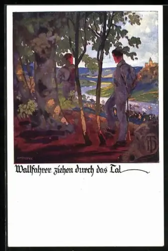 Künstler-AK Otto Amtsberg: Wallfahrer ziehen durch das Tal, Karte zum Hausbau der deutschen Turnerschaft