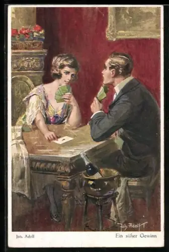 Künstler-AK Adolf (Jodolfi): Ein süsser Gewinn, Kartenspiel