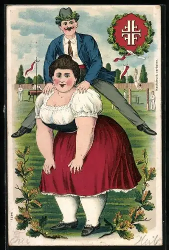Lithographie Frankfurt am Main, XI. Deutsches Turnfest Juni 1908, Junger Mann springt über dicke Frau