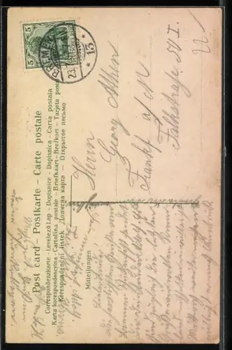 Lithographie Frankfurt am Main, XI. Deutsches Turnfest Juni 1908, Junger Mann springt über dicke Frau