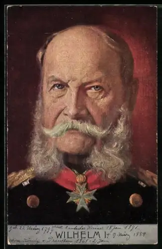 Künstler-AK Kaiser Wilhelm I., Portrait des alten kaisers mit Orden in Uniform