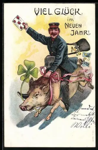 Lithographie Briefträger reitet auf einem Schwein ins neue Jahr