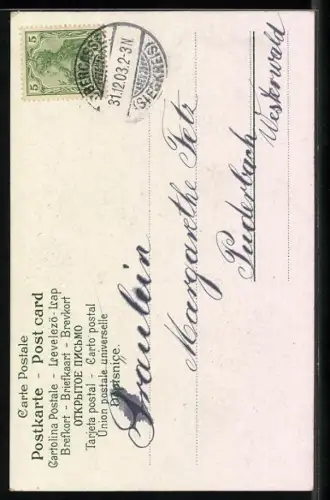 Lithographie Briefträger reitet auf einem Schwein ins neue Jahr