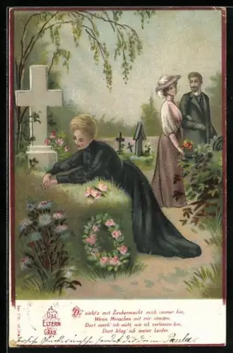 AK Das Elterngrab, Frau trauert an der Rasenbank