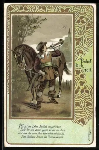 Lithographie Behüt Dich Gott!, Trompeter von Säckingen mit Pferd am Ufer