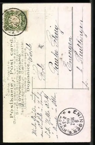 Lithographie Behüt Dich Gott!, Trompeter von Säckingen mit Pferd am Ufer