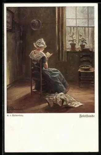 Künstler-AK sign. E. v. Palmenberg: Feierstunde, Mädchen am Lesen