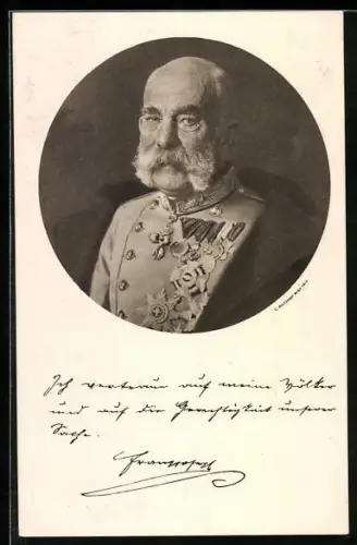 AK Kaiser Franz Josef I. von Österreich präsentiert seine Orden, Spruch