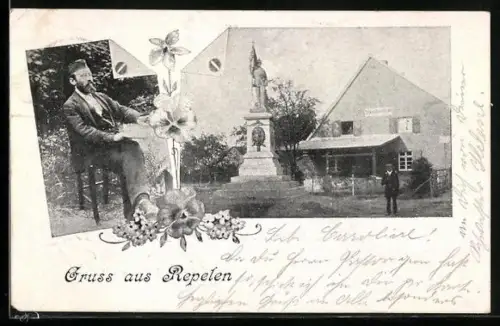 AK Repelen, Gasthaus mit Denkmal, Mann im Garten