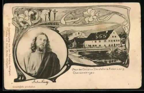 Künstler-AK Oberammergau, Portrait und Haus des Christus-Darstellers Anton Lang, Blumen