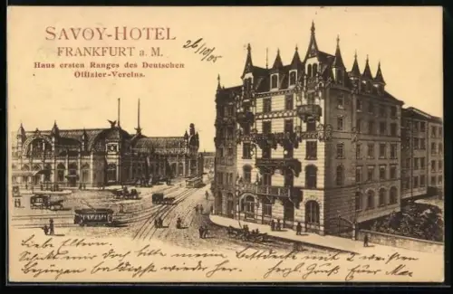 Lithographie Frankfurt a. M., Savoy-Hotel des Deutschen Offizier-Vereins mit Strassenbahn