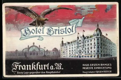AK Frankfurt /Main, Hotel Bristol, Hauptbahnhof & Adler mit Banner