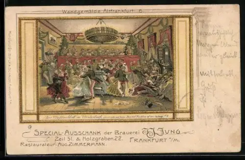 AK Frankfurt a. M., Wandgemälde Alt-Frankfurt-Der Weissbuschball im Weidenbusch