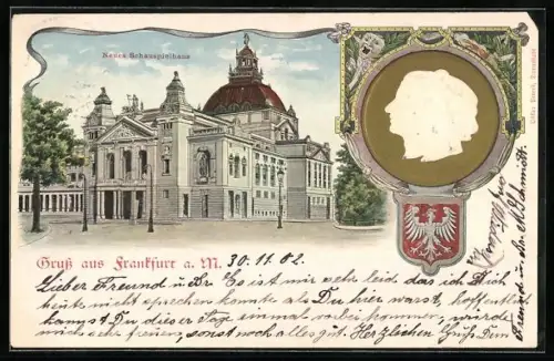 Lithographie Frankfurt /Main, Blick auf das neue Schauspielhaus, Goethe und Schiller im Profil, Wappen
