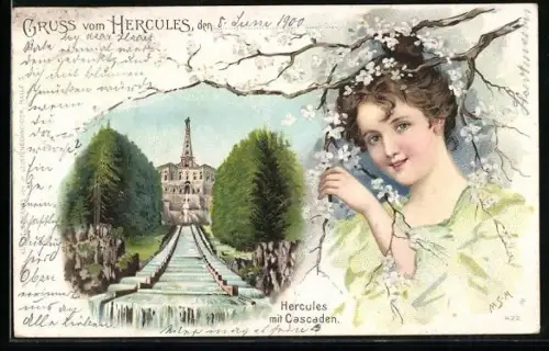 Lithographie Kassel, Hercules, Ansicht mit Cascaden, Fräulein unterm Blütenzweig