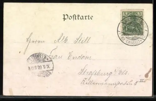 Lithographie Kassel, Hercules, Ansicht mit Cascaden, Fräulein unterm Blütenzweig