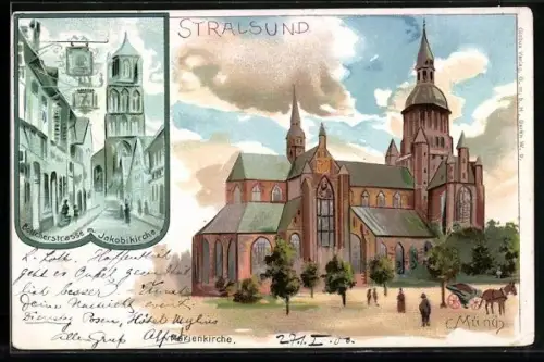 Lithographie Stralsund, Marienkirche, Böttcherstrasse mit Jakobikirche