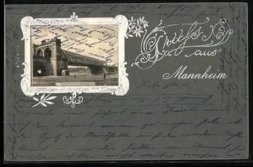 Lithographie Mannheim, Rheinbrücke, Passepartout