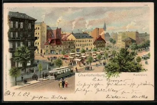Lithographie Berlin-Charlottenburg, Marktplatz mit Strassenbahn und geschäftigem Treiben