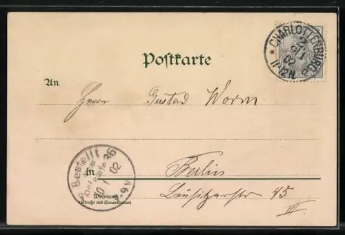 Lithographie Berlin-Charlottenburg, Marktplatz mit Strassenbahn und geschäftigem Treiben