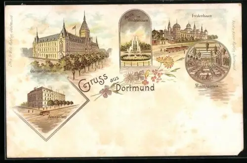 Lithographie Dortmund, Inneres Cafe Wintergarten, Oberpostdirektion, Fredenbaum mit Strassenbahn