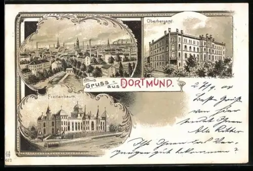 Lithographie Dortmund, Teilansicht, Oberbergamt, Fredenbaum mit Strassenbahn