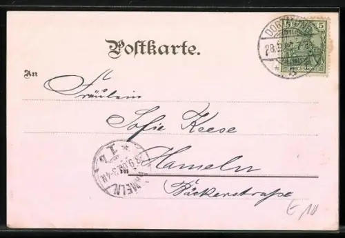 Lithographie Dortmund, Teilansicht, Oberbergamt, Fredenbaum mit Strassenbahn