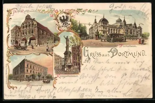 Lithographie Dortmund, Altes Rathaus, Kriegerdenkmal und Fredenbaum