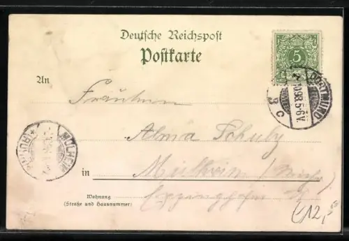 Lithographie Dortmund, Altes Rathaus, Kriegerdenkmal und Fredenbaum