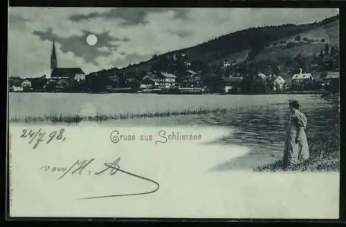 Mondschein-AK Schliersee, Panorama mit Kirche