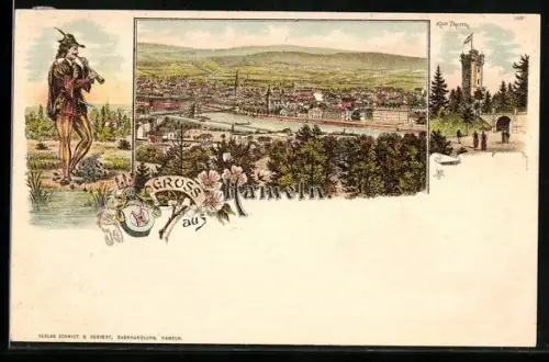 Lithographie Hameln, Teilansicht, Klüt-Turm, Rattenfänger