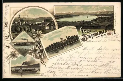 Lithographie Roseninsel, Ortsansicht, Dampfer Wittelsbach & Luitpod auf dem Starnberger See