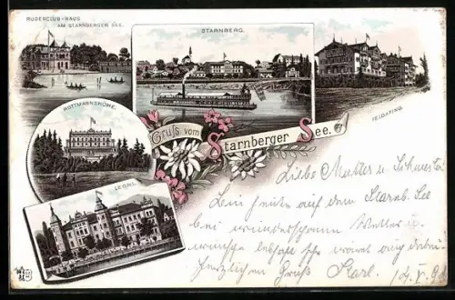 Lithographie Starnberg, Hotel Strauch i. Feldafing, Ruderclub-Haus am Starnberger See, Leoni, Rottmannshöhe