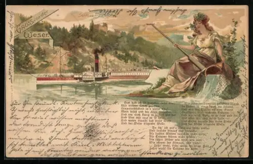 Lithographie Fürstenberg / Weser, Dampfschiff vor dem Schloss