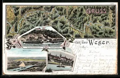 Lithographie Bad Karlshafen, Panorama & Dampfer Fürst Bismarck mit Landkarte des Weserlaufs