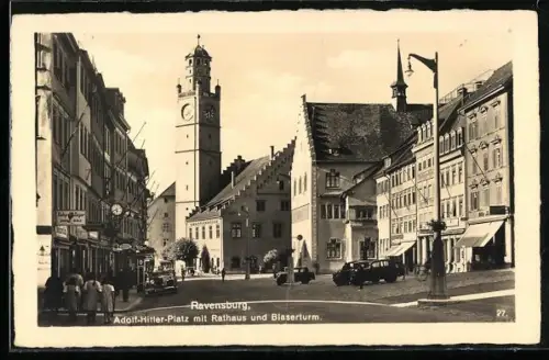 AK Ravensburg, Platz mit Rathaus und Blaserturm