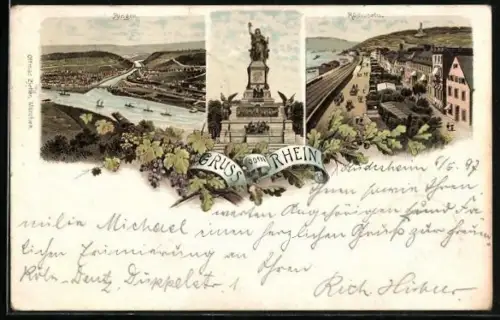 Lithographie Rüdesheim am Rhein, Strassenpartie in Rüdesheim, Blick auf Bingen