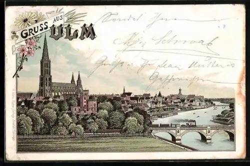 Vorläufer-Lithographie Ulm / Donau, 1894, Flusspartie mit Eisenbahnbrücke