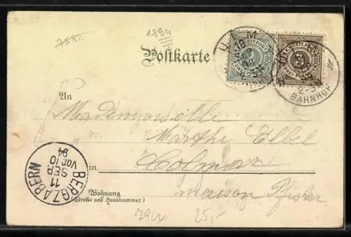 Vorläufer-Lithographie Ulm / Donau, 1894, Flusspartie mit Eisenbahnbrücke