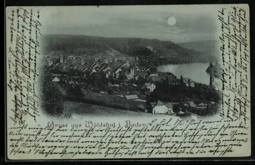 Mondschein-AK Waldshut i. Baden, Ortspanorama im Vollmondlicht
