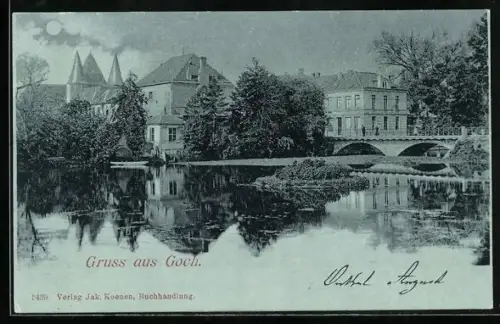 Mondschein-AK Goch, Brücke im Vollmondlicht