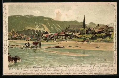 Lithographie Bad Tölz, Ortsansicht vom Wasser aus
