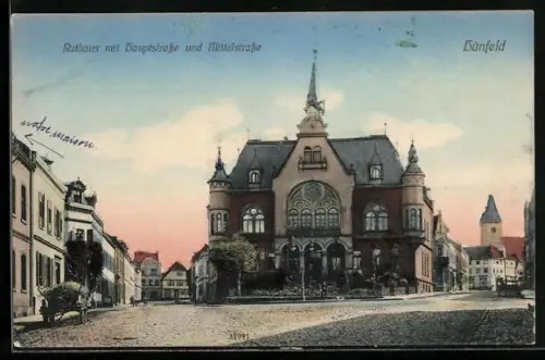 AK Hünfeld, Rathaus mit Hauptstrasse und Mittelstrasse
