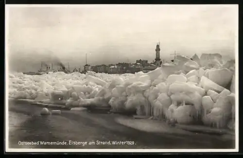 AK Warnemünde, Eisberge am Strand im Winter 1929